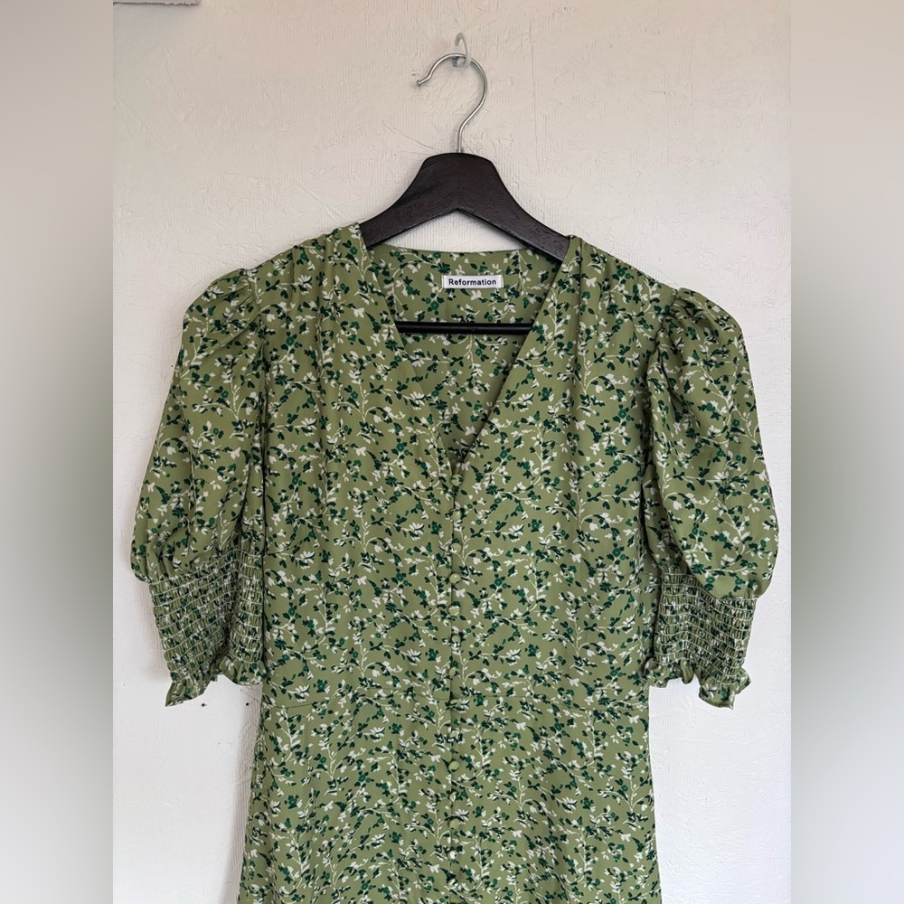 Reformation Green Alison Floral Button Down Short Puff Sleeve Mini Sun Dress - Picture 6 of 14
